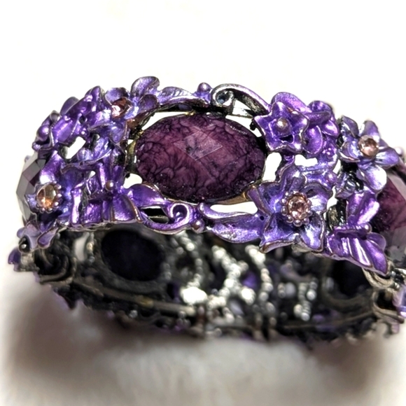 Vintage Purple Enamel Floral Bracelet w/ Pink Rhinestone Accents Wrap Bracelet - Picture 7 of 9